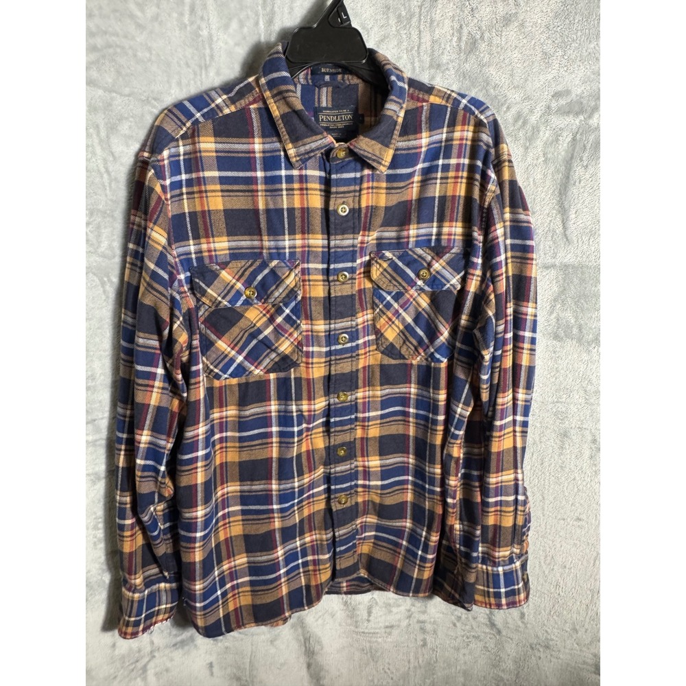 Pendleton Men Plaid Flannel Shirt Long Sleeve Button Up Blue Tan Red Size L